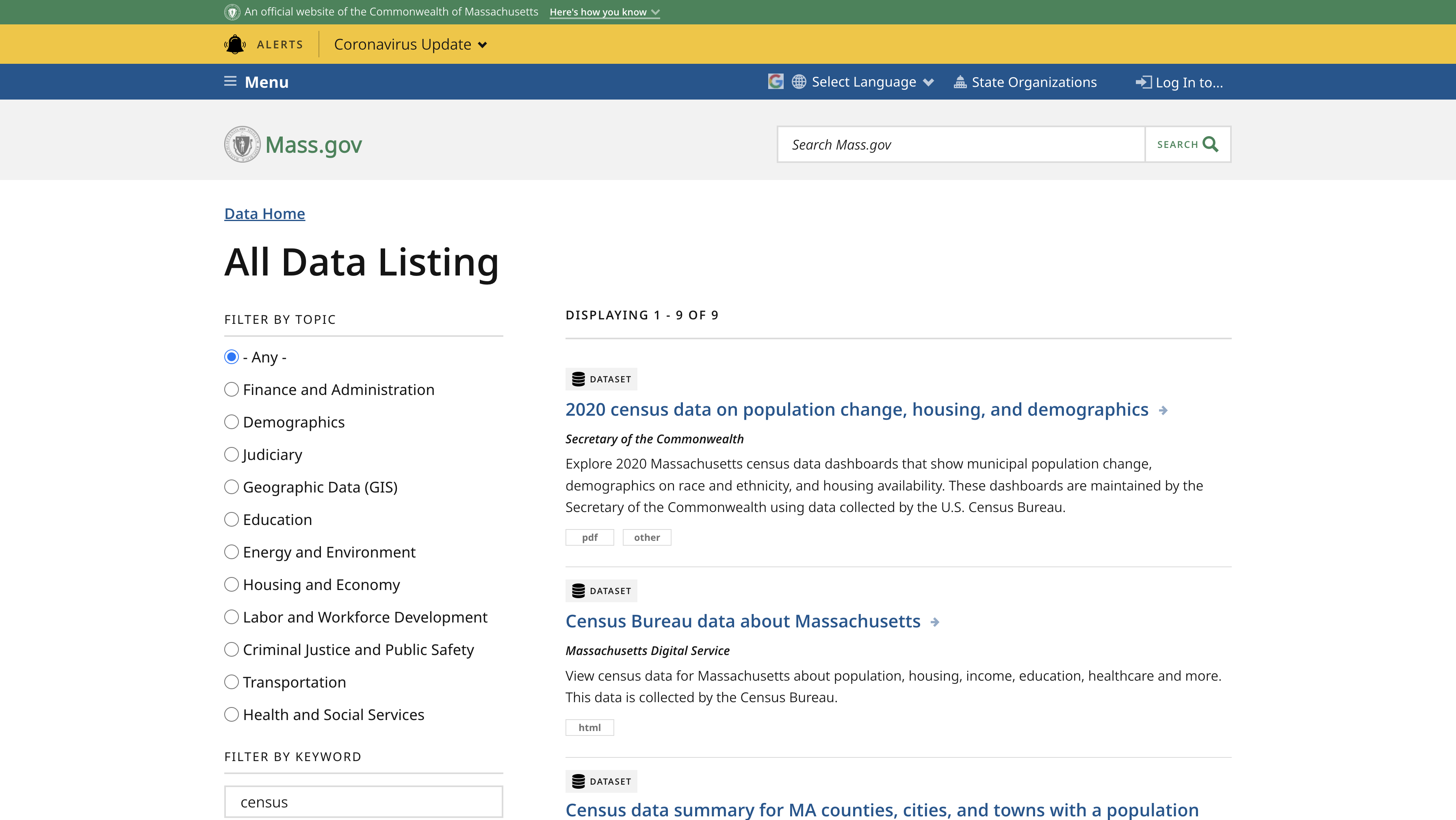 The first version of the Data Listing Results page.