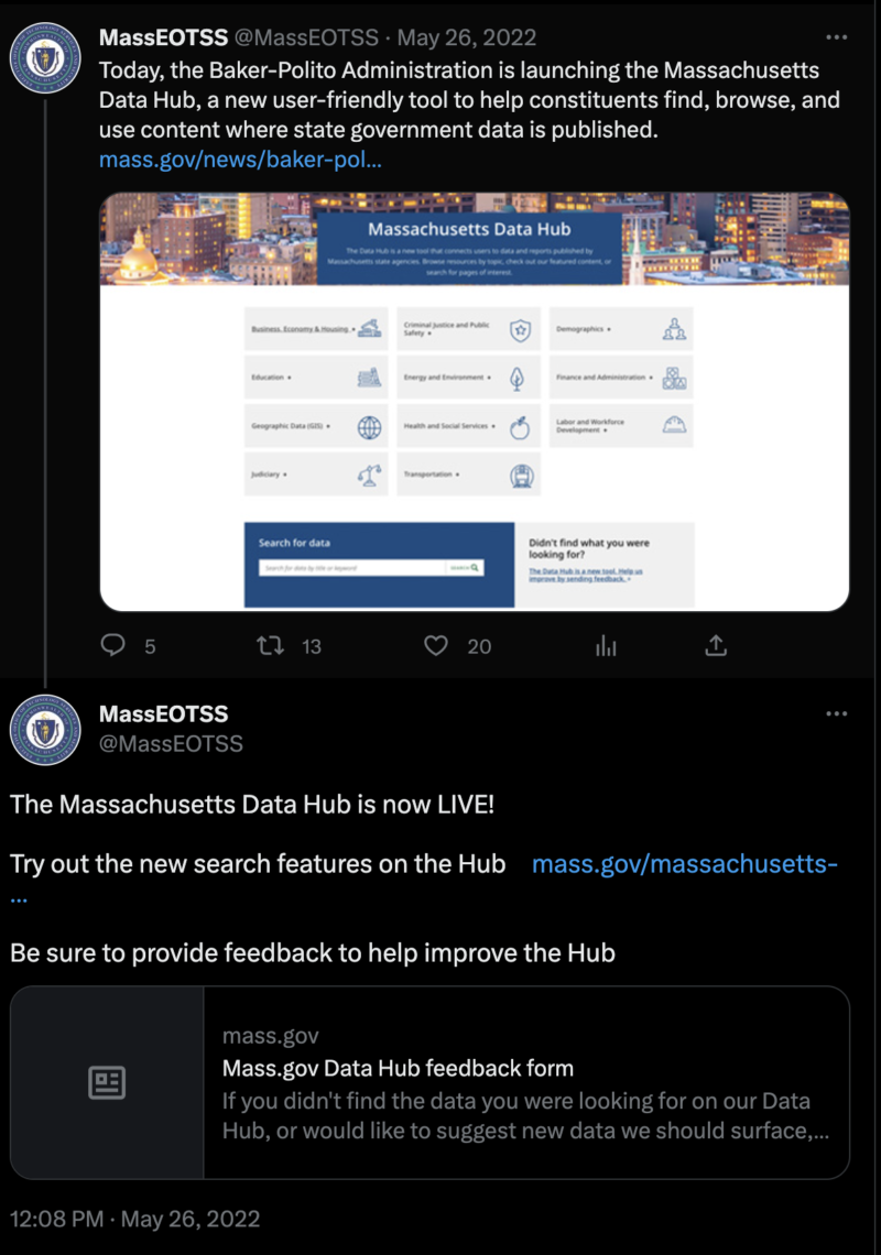 Screenshot of Twitter post about Data Hub launch